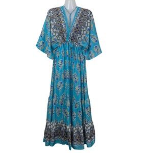 Women's Free Size Turquoise Boho Maxi Dress V-Neck Tassel Tie Kimono Sleeve s‎